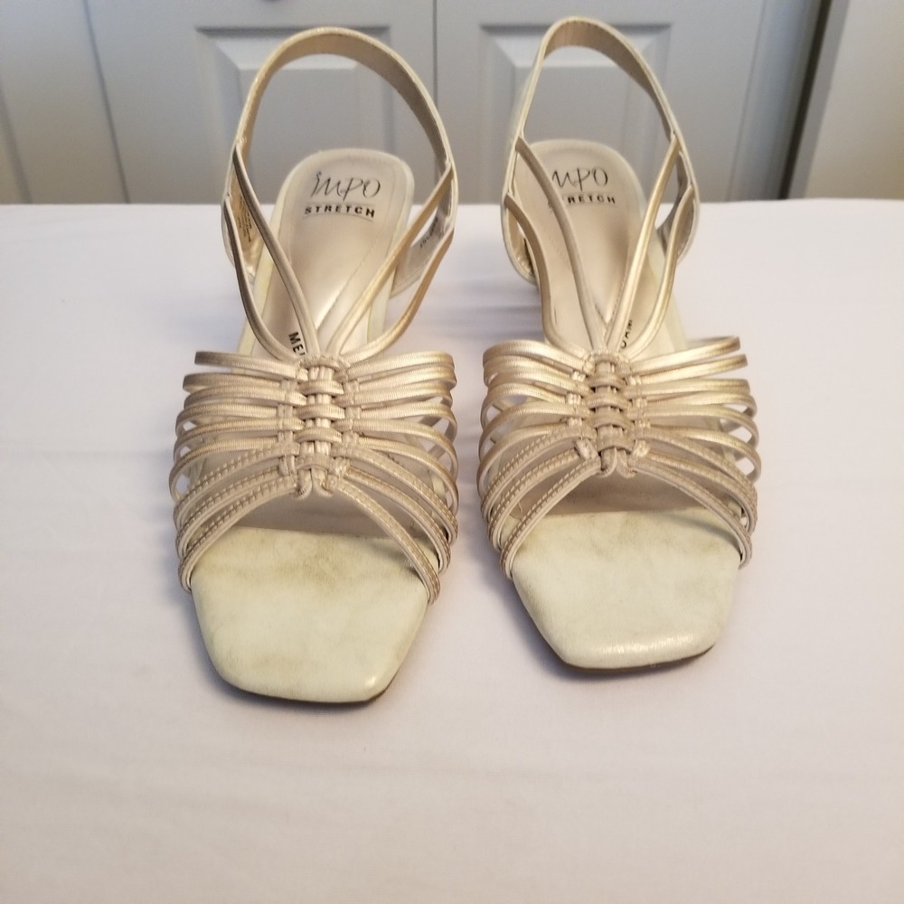 Impo Stretch Women Champagne Gold Strappy Slingback Kitten HeelsSandals Size 9.5